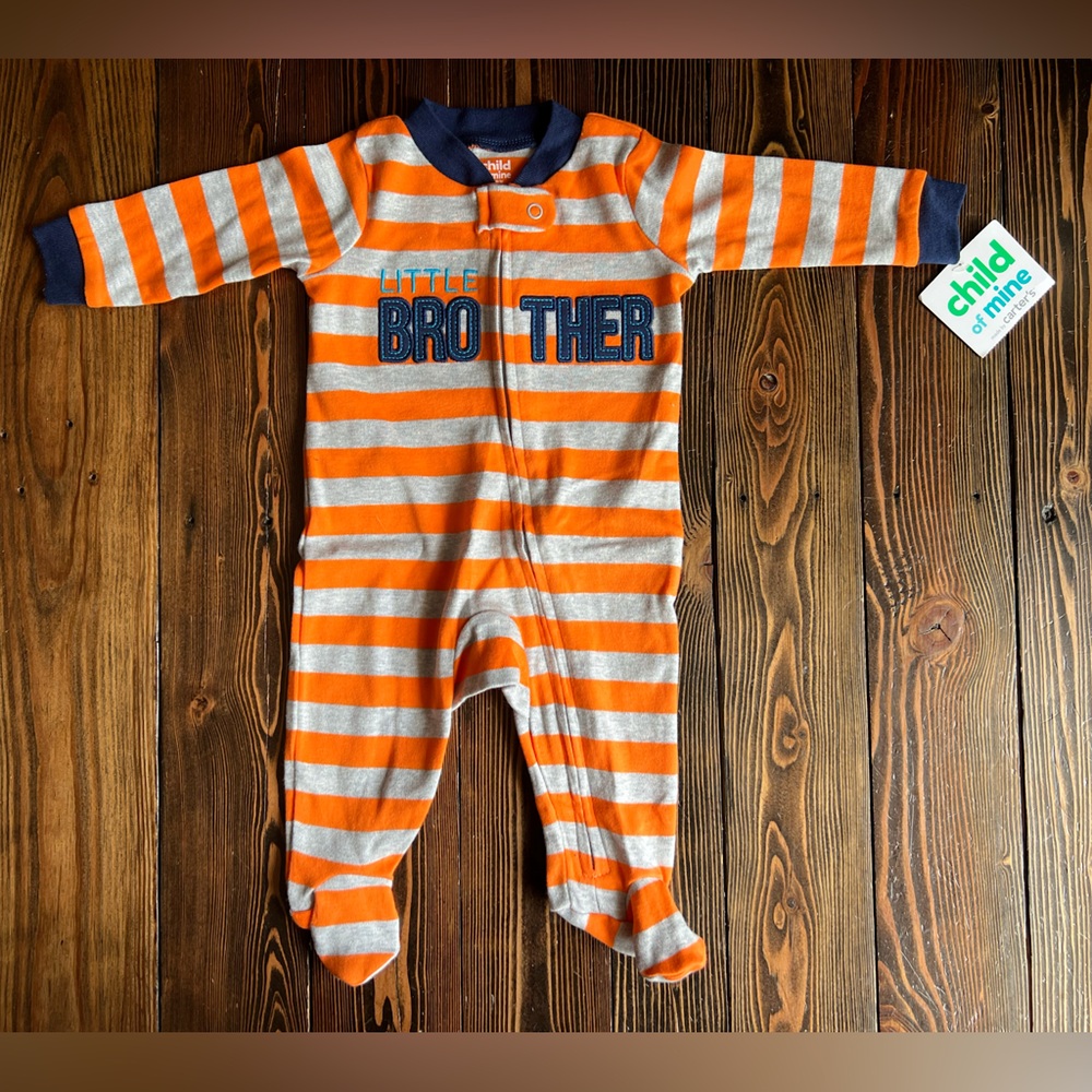 CHILD OF MINE •‘Little Brother’ 0-3 month sleeper baby boy infant stripe pjs NWT